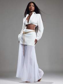 NYA SZN High Rise Flowy Chiffon Maxi Skirt White,Autumn,Seksi Chic,Vacation Mesh Wedding Guest Bridal Party Boho Festival Beach Casual Special Occasion Gyaru - White - View 7