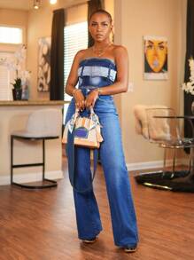 BamGleam Áo crop top denim buộc dây hở vai gợi cảm dành cho nữ - Rửa tối - Xem 3