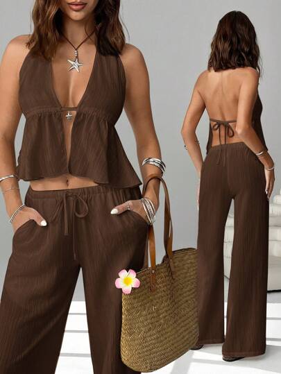 SHEIN EZwear 2 pièces Ensemble casual de vacances pour femmes, top à col ras-du-cou et pantalon