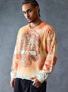 ROMWE MEN Street Life Suéter de cuello redondo con estampado de calavera para hombre, ropa urbana, Halloween - Multicolor - Ver 1