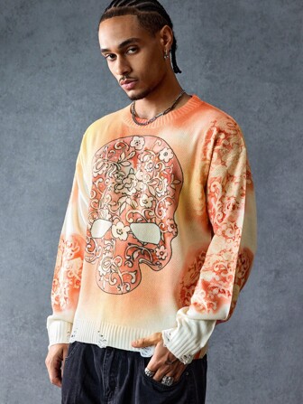 Street Life Suéter de punto con cuello redondo y estampado de esqueleto para hombre, streetwear