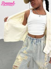 Tween Girl Casual Everyday Streetwear Warm Fuzzy Loose Batwing Long Sleeve Cropped Shrug Jacket, Apricot - Apricot - View 6