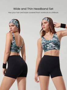 GLOWMODE FeatherFit™ 2-Pack Blue Marble Print Stretchy Soft Headband Set Gym Studio Travel Vacation Daily Active Wear - Green - View 2