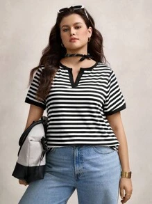 Zelara Plus Striped Notched Neckline Contrast Binding Tee, Summer Back To School Back To School School Clothes Back To School Clothes  Homecoming Dress Teacher - Black and White - View 4