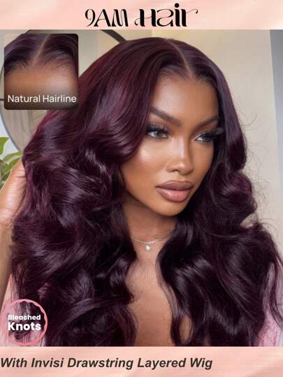 Drawstring Cap Purple Black Cherry Colored Loose Wave Wig With Face Framing Layers 13x4 Pre Everything Lace Frontal Pre Cut Pre Bleached Wig Human Hair Ready To Wear Halloween Costumes