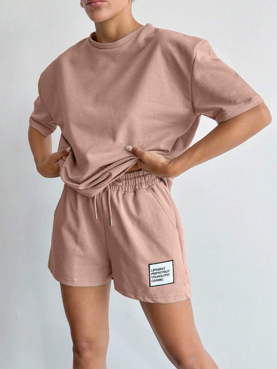 EURMUSE Áo thun trơn màu 100% cotton dành cho nữ và quần short thêu họa tiết - Màu Hồng  San hô - Xem 1