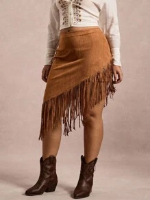 Freevana Asymmetrischer Fransen-Dekor Lässig Lässig Rock, Fransen Rock, Western Rock, Cowgirl Rock, Wildleder Rock, Country Rock, Rückkehr zur Schule Herbst Lehrerin Schule Lehrerin Country Konzert Western Boho Rave Vintage 2000er Jahre Stil Herbst Große Größen Country Old Money Bohemian Lässig Herbst