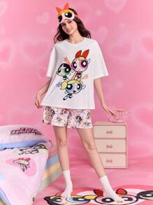 THE POWERPUFF GIRLS X SHEIN Women Blossom, Bubbles, Buttercup Pattern Round Neck Short Sleeve Top And Shorts Pajama Set - White - View 6
