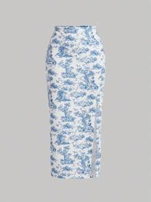 SHEIN MOD Women's Retro Palace Blue & White Floral Printed Fish Bone Strips Crop Top And Skirt Wedding Two Pieces Set - Blue and White - View 5