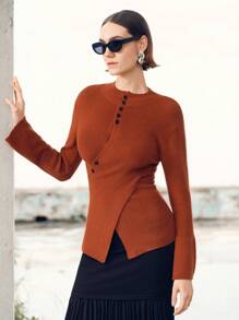 Uhlyne Uhlyne Suéter de punto cruzado con botones elegante y entallado para mujer, estilo minimalista, para otoño/invierno - Óxido marrón - Ver 4