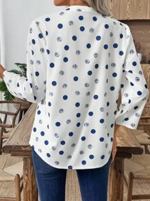 EMERY ROSE Women's Polka Dot Print V-Neck Cuffed Sleeve Pocket Casual Shirt, Suitable For Daily Commute, Autumn - White - View 2