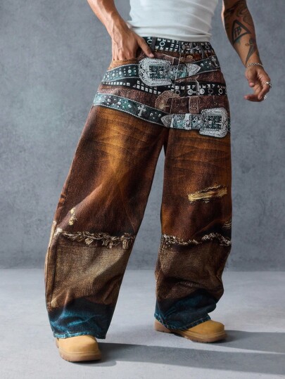 Street Life Men's Patterned Pocket Wide Leg Loose Casual Jeans