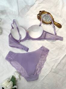 2 件套花卉蕾丝舒适半罩杯文胸和荷叶边蝴蝶结内裤套装，淡蓝色和粉色，适合度假和音乐节 - 紫色 - 查看 2