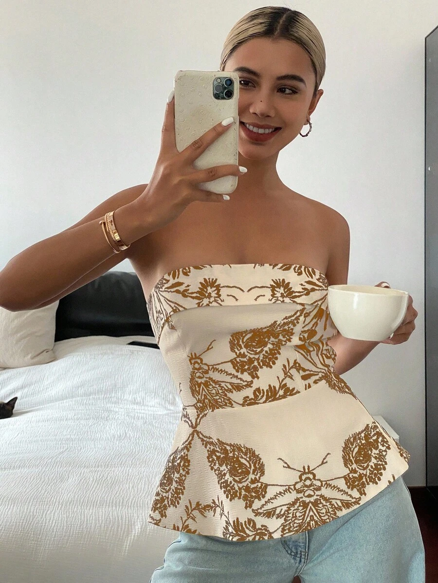 Livesso 女士花卉植物印花休闲度假抹胸，秋季外出上衣 - 棕色 - 查看 1