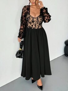 Firerie Plus Size Black Autumn Elegant Women's Mesh & Flocked Colorblock Fishbone Bust Flared Hem Stretchy Long Sleeve Maxi Dress For Spring/Autumn - Black - View 6