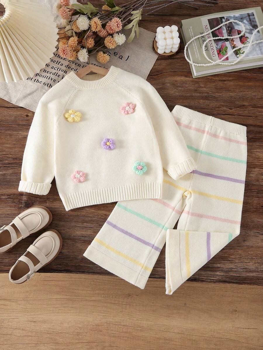 SHEIN Vintaside Kids 女婴毛衣套装 2 件套，优雅淑女风格手工圆领长袖毛衣和条纹针织裤，舒适百搭，适合秋冬季休闲、居家、外出、旅行 - 杏色 - 查看 1