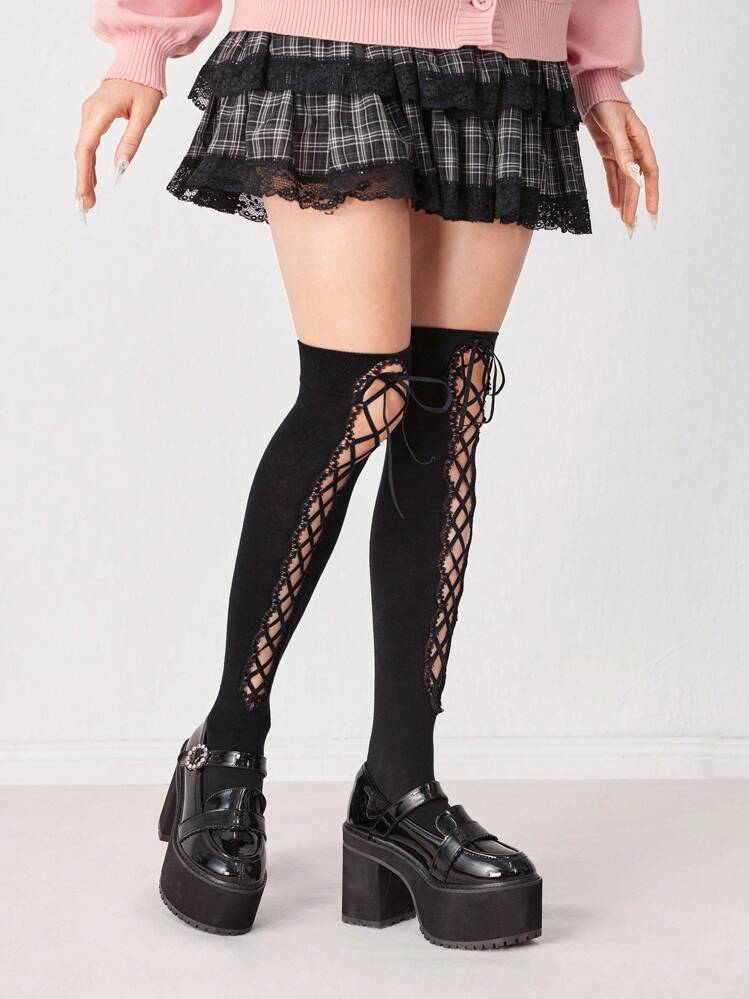 ROMWE Kawaii 1 Pair Goth Chic Lace Trim Open Knit Over-The-Knee Socks With Elastic Straps