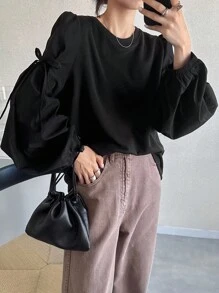 FRIFUL 女士纯色圆领蝴蝶结装饰灯笼袖宽松运动衫黑色衬衫系带前衬衫泡泡袖衬衫系带袖衬衫灯笼袖上衣秋冬 - 黑色 - 查看 6