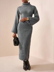 Zivah 2025 Herbst/Winter Neuerscheinung, Musikfestival, Abschlussfeier Saison, College Stil, Studentenmode, Alltags Lässig, Urlaub, Strand, Streetwear, Pendler Elegant, Outfit für Lehrerinnen, gehäkeltes grau meliertes Langarmkleid mit Schlitz an der Seite & weiten Ärmeln - Grau - Übersicht 1