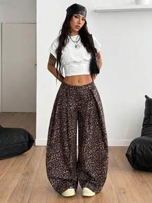 Coolane 女士夏季复古休闲街头服饰外出宽松图案弧形下摆裤豹纹裤工装裤 - 彩色 - 查看 2