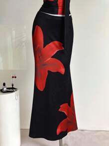 Sweetra Women's Tropical Floral Print Blouse & Mini Skirt Set, Suitable For Spring/Summer Holiday - Black - View 5