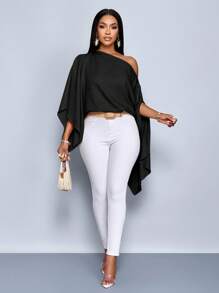 SOLERSUN 女士单肩披肩袖不对称下摆亚麻衬衫 - 黑色 - 查看 3