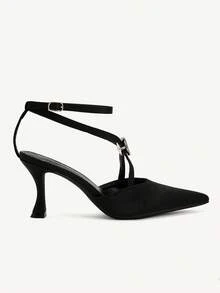 CUCCOO CHICEST 女士几何扣水钻带尖头细高跟中跟优雅迷人浪漫性感哥特式复古奢华黑色缎面高跟凉鞋，适合正式场合、派对、婚礼、约会、节日（万圣节、圣诞节、感恩节、新年） - 黑色 - 查看 8