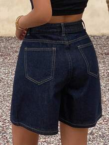 DAZY 女士夏季宽松休闲牛仔短裤 - 藍色 - 查看 2