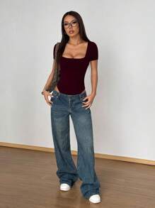 Flirla Bộ đồ liền thân cổ vuông tay ngắn ôm sát màu trơn tối giản dành cho nữ, đa năng cho việc đi lại hàng ngày, mùa xuân/hè - Màu Đỏ Sâu - Xem 6