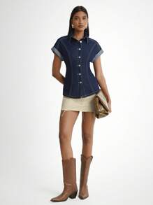 Daynim 女式休闲束腰牛仔衬衫 - 深色水洗藍 - 查看 3