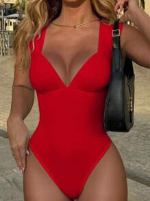 INAWLY 性感修身低胸罗纹连体衣 - 紅色 - 查看 3