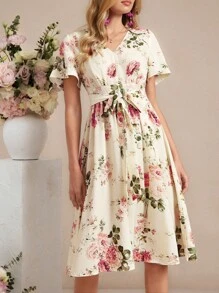 Amorya 浪漫碎花夏季休闲优雅粉色连衣裙，女士外出、度假、下午茶、上学穿搭、夏季连衣裙、婚礼宾客礼服、度假装、粉色连衣裙、生日装、女士连衣裙