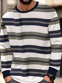 Manfinity Dauomo Men's Striped Print Casual Versatile Long Sleeve Pullover T-Shirt - Multicolor - View 1