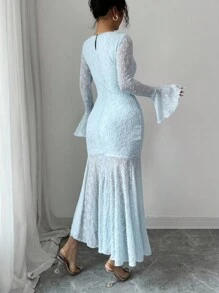 Modelyn Elegant Boat Neck Bell Sleeve Fitted Mermaid Hem High Stretch Textured Knit Dress Fall Cloth For Women - Blue - View 2