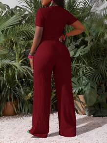 Slaydiva Bộ đồ thể thao giản dị cơ bản mới cho mùa xuân và mùa hè, áo phông ngắn tay cổ tròn + quần ống rộng siêu dài, họa tiết sọc đỏ hồng, vải dệt kim, dành cho nữ, bộ hai mảnh - I - Màu Đỏ Sâu - Xem 3