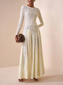 Zivah 2025新款休闲度假日常约会通勤优雅沙滩邮轮派对简约网红爆款生日派对宴会高端俱乐部圆领长袖透明玫米色蕾丝修身伞裙A字裙百褶裙长裙女士长裙-A - 米色 - 查看 6