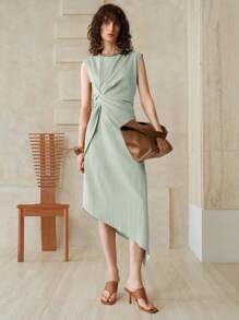 EMERY ROSE Vestido gris azul de longitud media sin mangas con diseño de pliegues retorcidos asimétricos en la cintura y bajo asimétrico, para uso diario, trabajo, regreso a clases, atuendos de maestras y vestimenta casual de negocios para mujer en verano - Azul - Ver 8