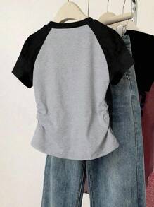 Áo thun tay ngắn nhún eo tay raglan cho bé gái, họa tiết chữ tối giản, đa năng để mặc hàng ngày, thích hợp cho mùa hè và mùa thu - Xám - Xem 2