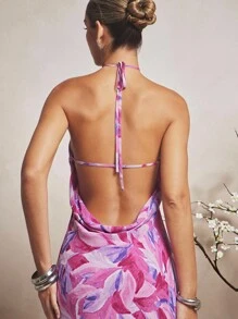L'Amorae Elegant Floral Print Chiffon Halter Maxi Dress With Low Drape Cowl Back - Multicolor - View 4