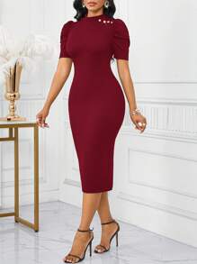 SHEIN Lady Vestido elegante de verano para mujer, de unicolor, con cuello alto, manga corta abullonada y diseño retorcido ajustado