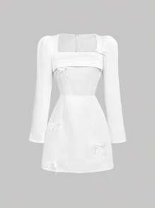 SHEIN MOD Vestido de fiesta con cuello cuadrado y decoración de lazo blanco