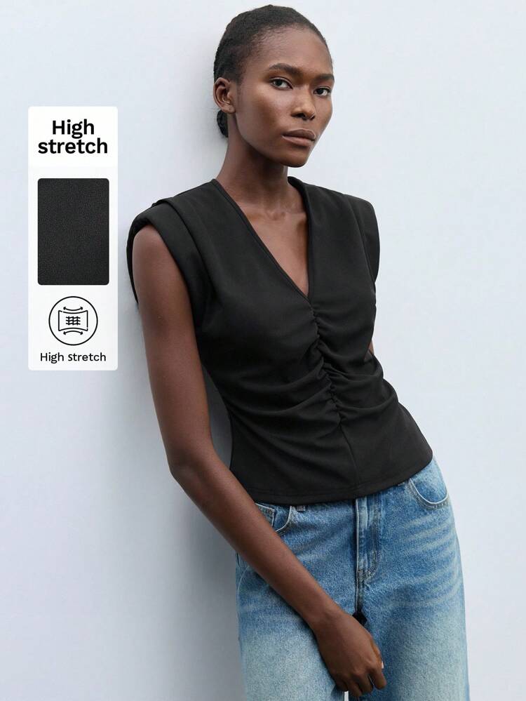 SHEIN Maija Black Epaulet Padded Shoulder V-Neck Sleeveless Women Top, Modern Urban Style, Comfortable & Versatile Outerwear,Halloween