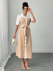 Elenzga 女士优雅度假通勤领结撞色衬衫领中长连衣裙 - 卡其色 - 查看 3