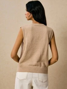 Poéselle Gilet sans manches à boutons en tricot - Gilet de chandail ajouré col V décontracté pour femmes, Gilet en tricot pour femmes, Gilet ajouré, Gilet de chandail superposable pour l'automne/l'hiver - Kaki - Voir 2