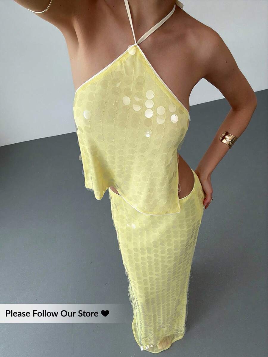 Aloruh Váy Maxi Sequin Chữ H Lưng Thấp Màu Vàng, Lãng Mạn Cho Buổi Hẹn Hò - Màu vàng - Xem 1