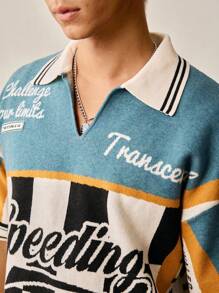 SWAVVY Men's Fashion Letter Striped Short Sleeve Casual Knit Top , Fall Winter - Multicolor - View 4