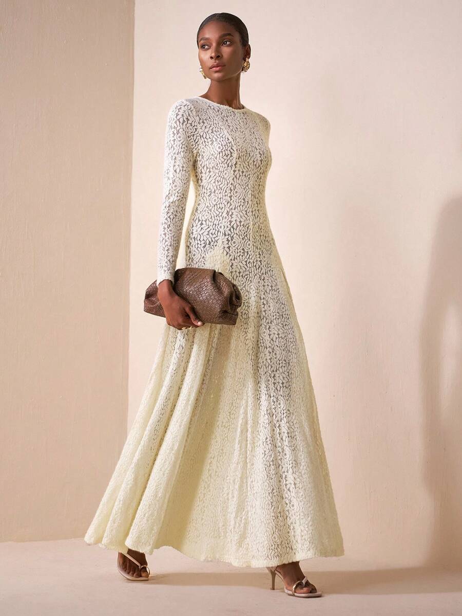 Zivah 2025新款休闲度假日常约会通勤优雅沙滩邮轮派对简约网红爆款生日派对宴会高端俱乐部圆领长袖透明玫米色蕾丝修身伞裙A字裙百褶裙长裙女士长裙-A - 米色 - 查看 1