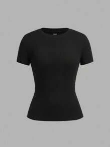 SHEIN EZwear 2 件黑色休闲简约圆领短袖基本款 T 恤，适合春夏季 - 黑色 - 查看 3