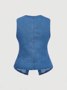 SHEIN MOD Bộ 2 món áo không tay cổ tròn cài nút phía trước màu trơn cỡ lớn và quần jeans ống rộng - Rửa trung bình - Xem 7
