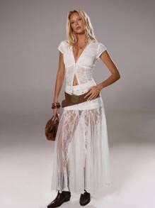 TRNVIE 1pc Women's White Fashion Vacation Embroidered Waist Cinched Deep V-Neck Short Sleeve Bohemian Style Summer Blouse,Fall Clothes For Women ,Boho Party - White - View 6
